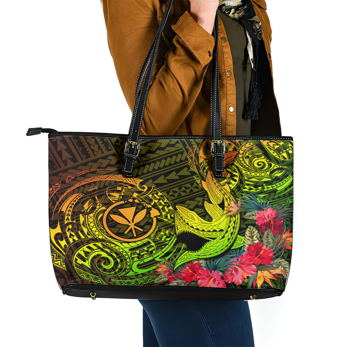 Hawaii Leather Tote Bag Kanaka Map With Polynesian Shark Tattoo Reggae Unique LT14
