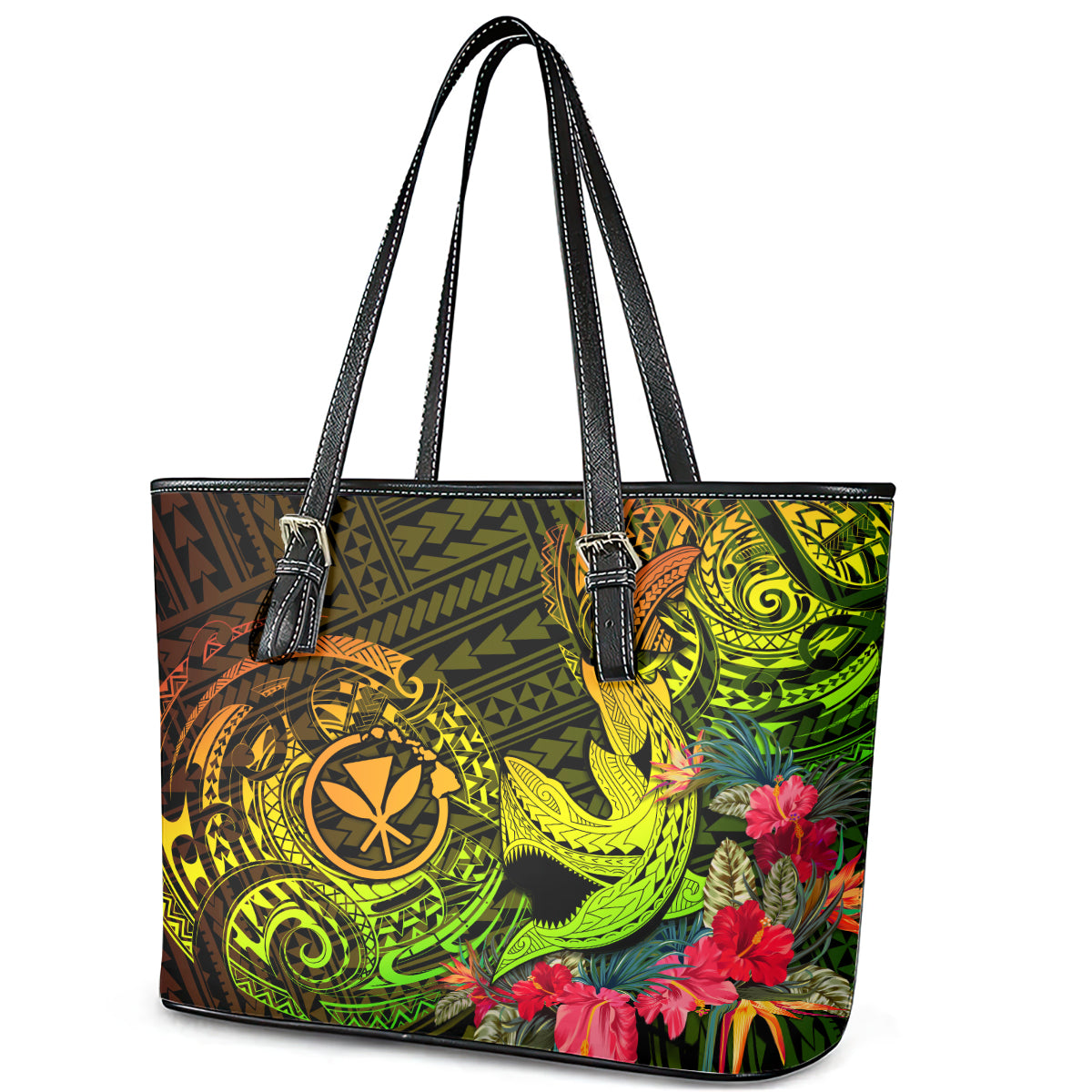 Hawaii Leather Tote Bag Kanaka Map With Polynesian Shark Tattoo Reggae Unique LT14