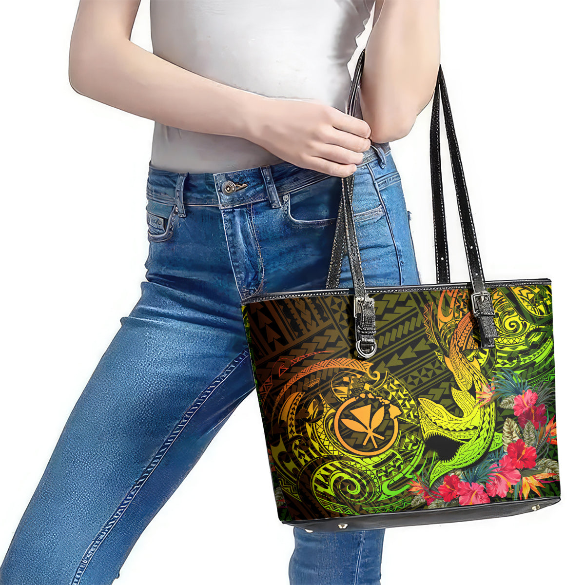 Hawaii Leather Tote Bag Kanaka Map With Polynesian Shark Tattoo Reggae Unique LT14