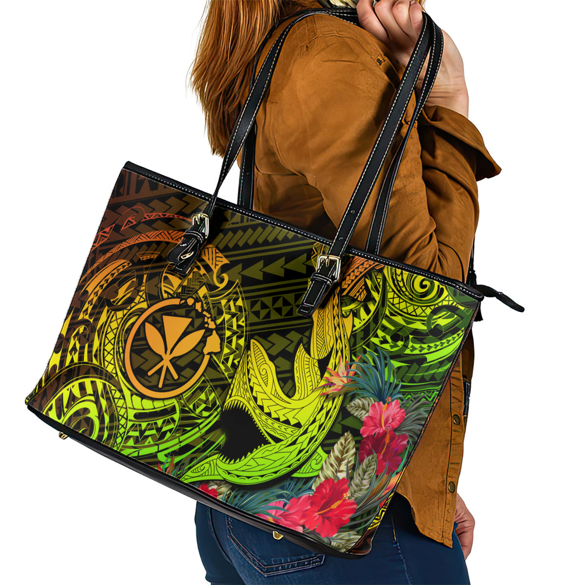 Hawaii Leather Tote Bag Kanaka Map With Polynesian Shark Tattoo Reggae Unique LT14