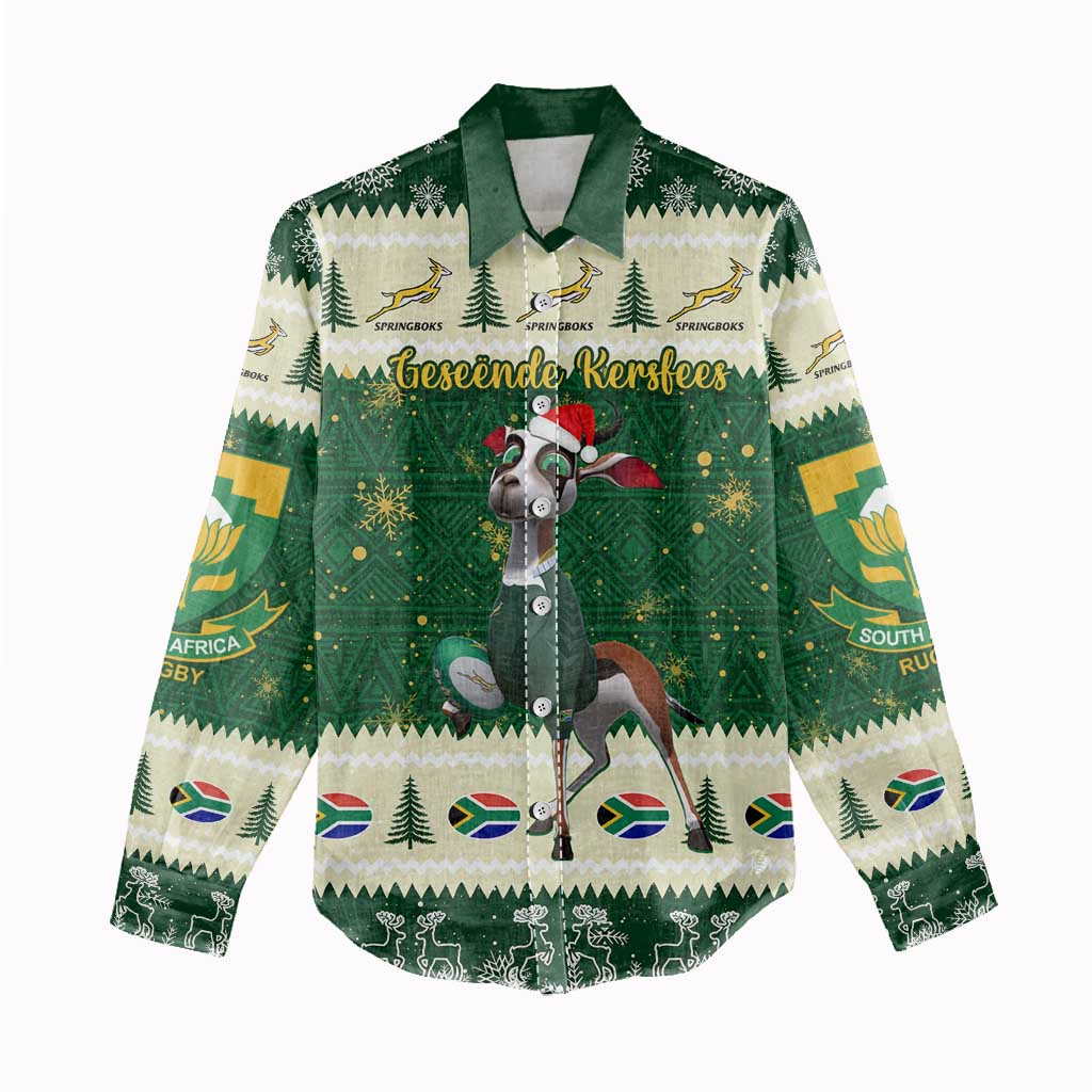 Custom South Africa Rugby Christmas Women Casual Shirt Geseende Kersfees Springboks African Pattern LT14