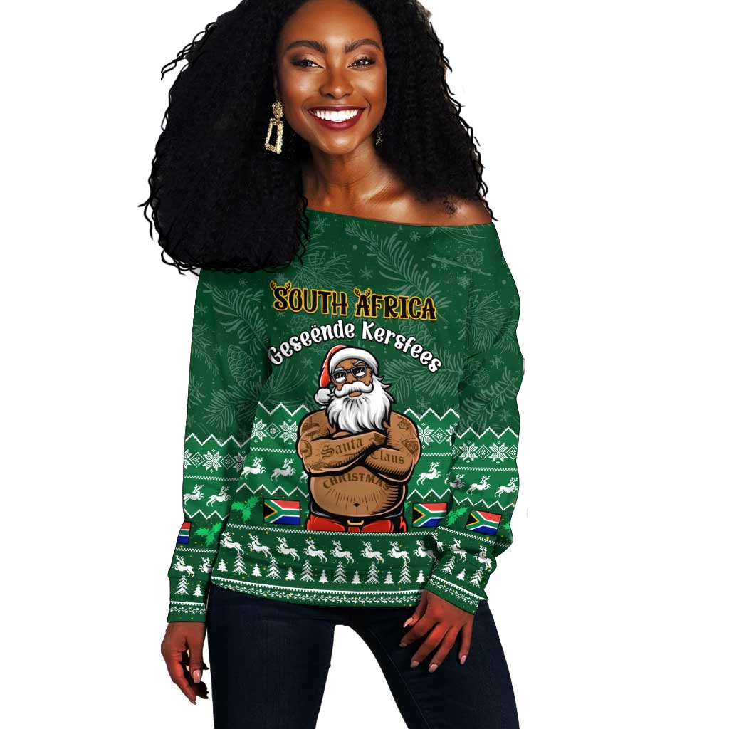 Personalised South Africa Christmas Off Shoulder Sweater Cool Santa Claus With South African Map LT14