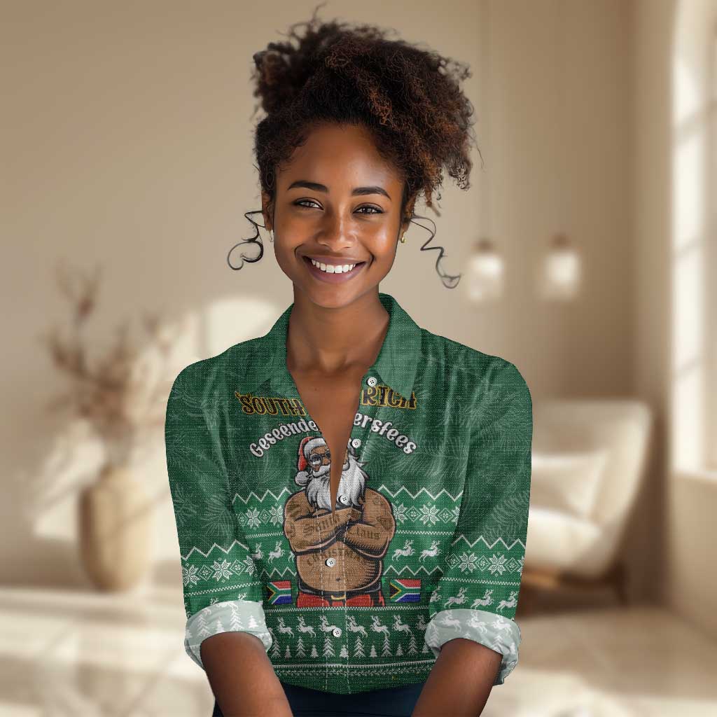 Personalised South Africa Christmas Women Casual Shirt Cool Santa Claus With South African Map LT14