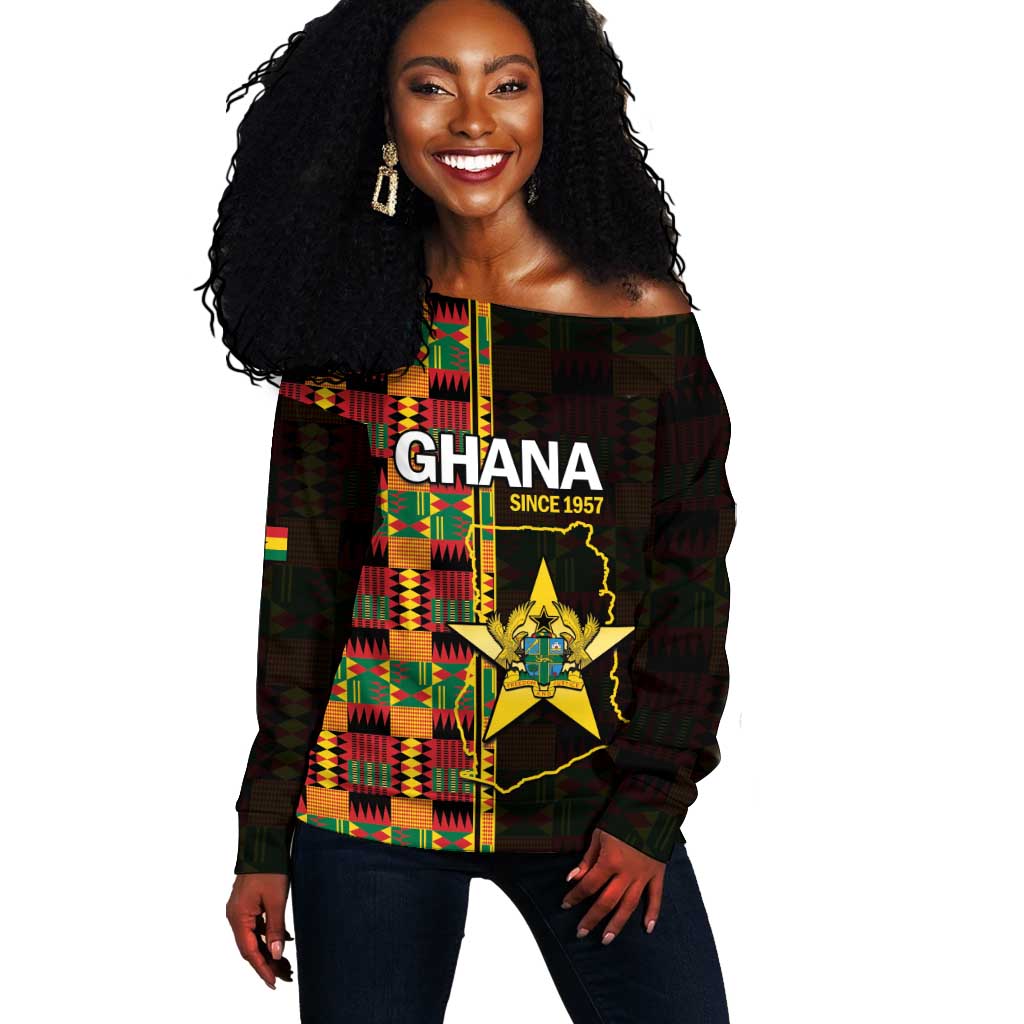 Afro Ghana Independence Day Off Shoulder Sweater Ghanaian 1957 Kente Pattern LT14