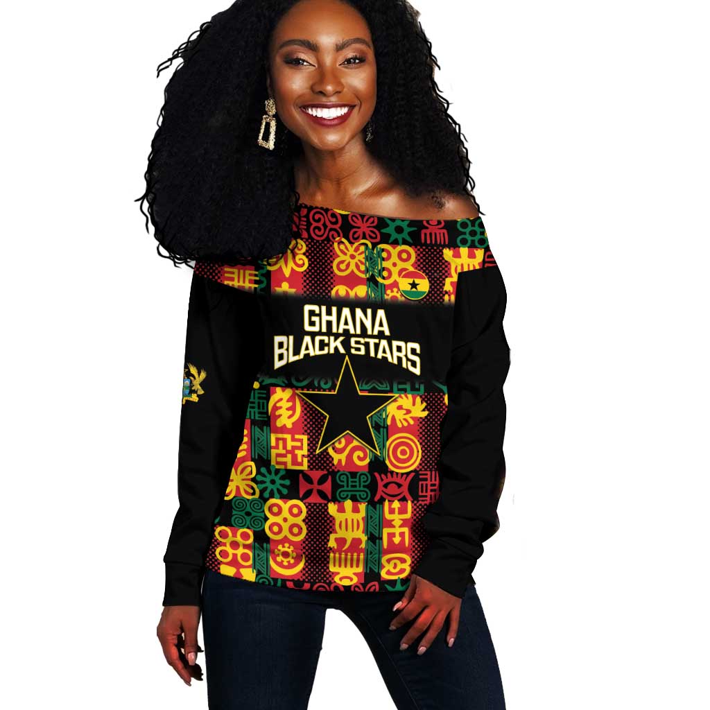 Custom Ghana Black Stars Off Shoulder Sweater Adinkra Pattern - Football Style LT14