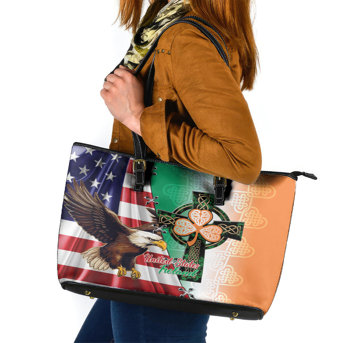 United States And Ireland Leather Tote Bag USA Eagle With Irish Celtic Cross LT14