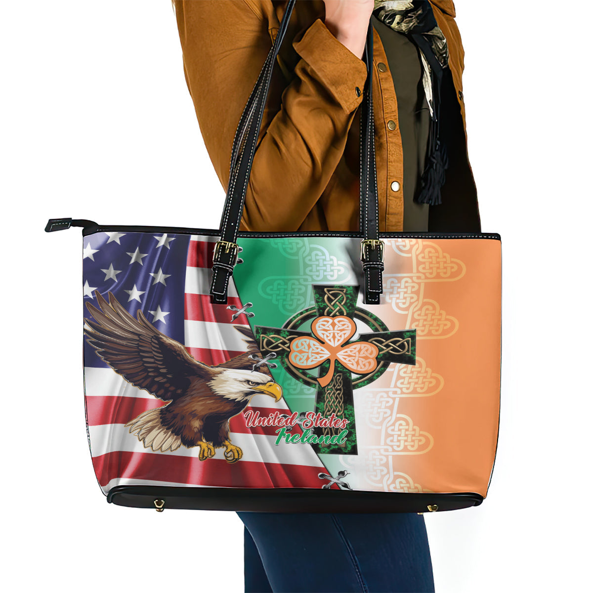 United States And Ireland Leather Tote Bag USA Eagle With Irish Celtic Cross LT14