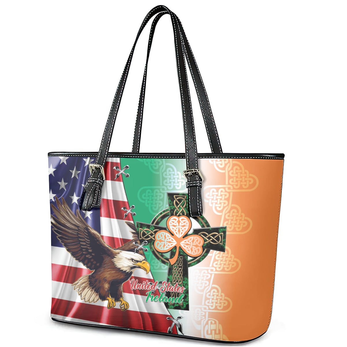 United States And Ireland Leather Tote Bag USA Eagle With Irish Celtic Cross LT14