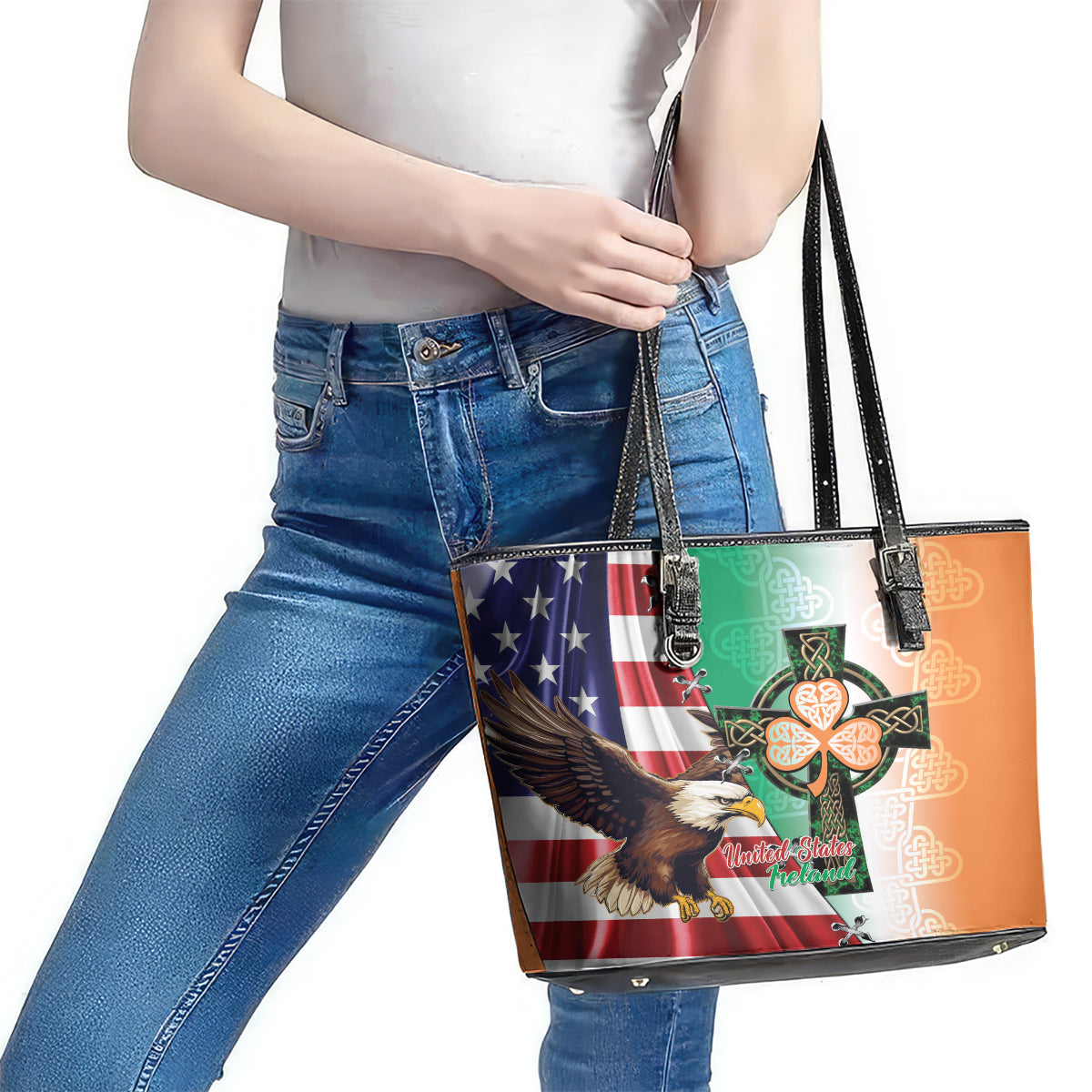 United States And Ireland Leather Tote Bag USA Eagle With Irish Celtic Cross LT14