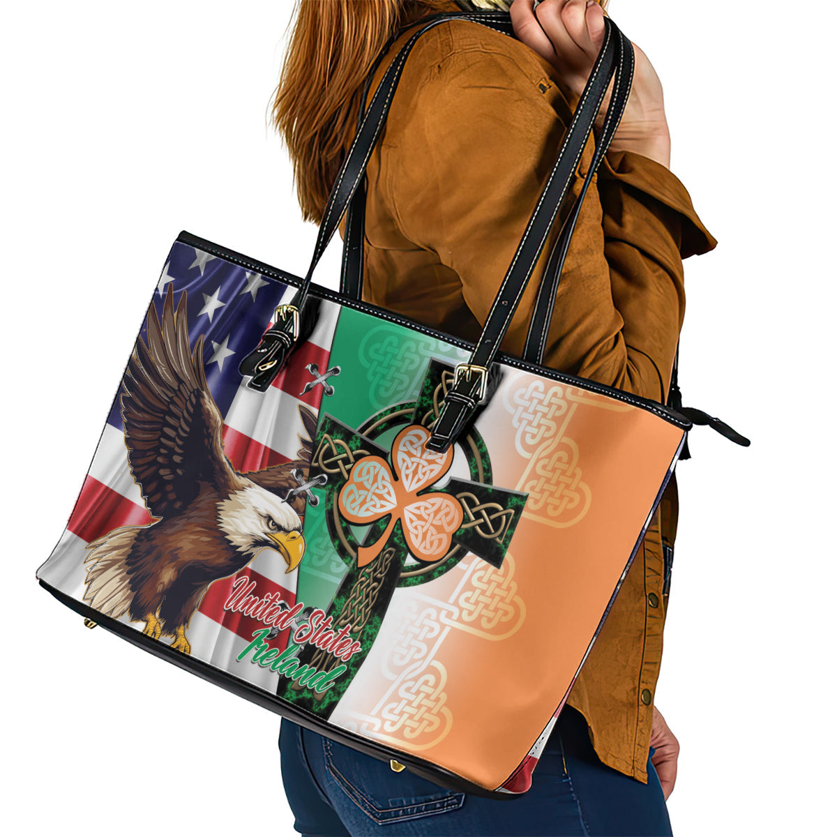United States And Ireland Leather Tote Bag USA Eagle With Irish Celtic Cross LT14