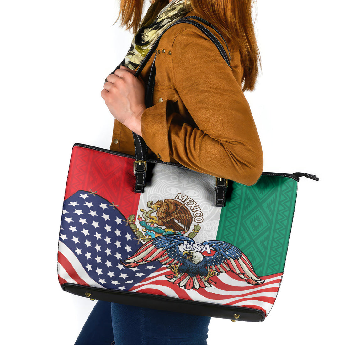 United States And Mexico Leather Tote Bag USA Eagle With Mexican Aztec LT14