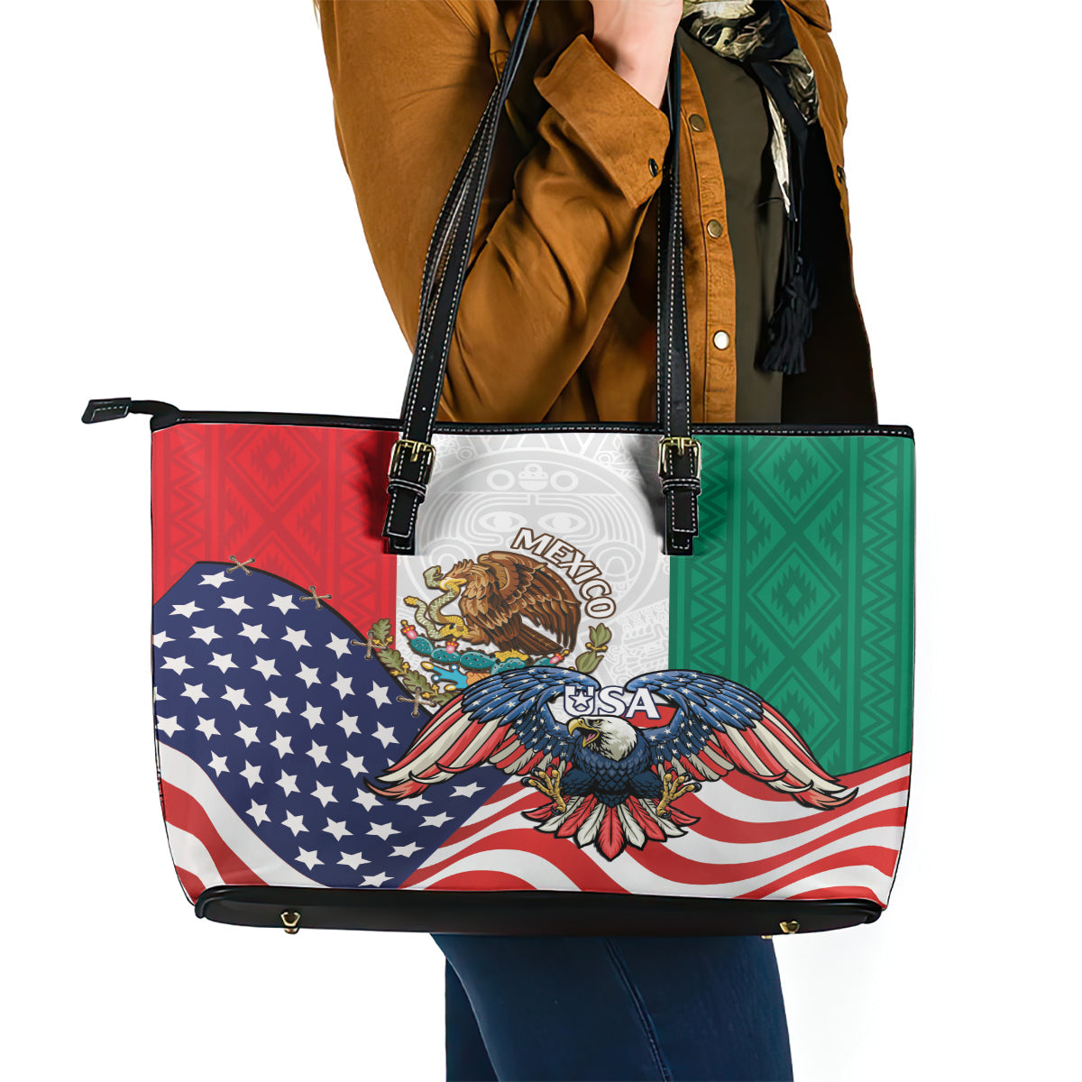 United States And Mexico Leather Tote Bag USA Eagle With Mexican Aztec LT14