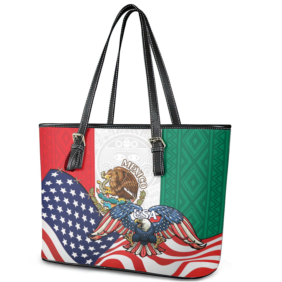 United States And Mexico Leather Tote Bag USA Eagle With Mexican Aztec LT14