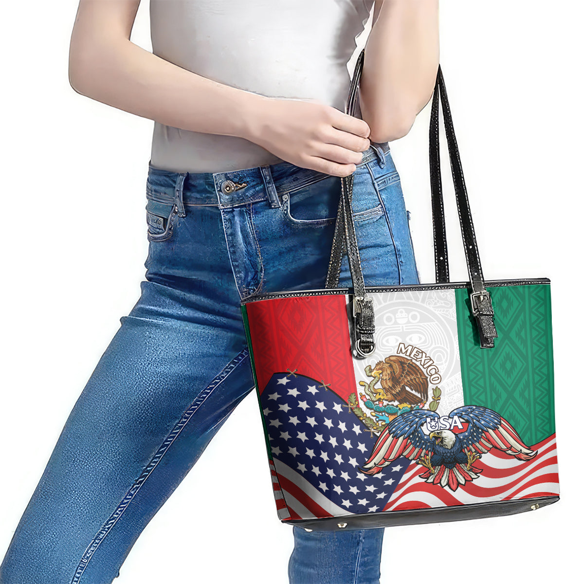 United States And Mexico Leather Tote Bag USA Eagle With Mexican Aztec LT14
