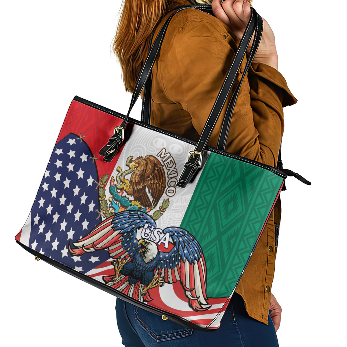 United States And Mexico Leather Tote Bag USA Eagle With Mexican Aztec LT14