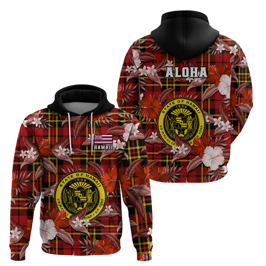 Hawaii State Hoodie Tropical Flowers Mix Tartan Red Version LT14