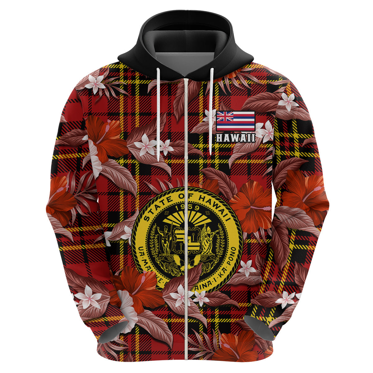 Hawaii State Hoodie Tropical Flowers Mix Tartan Red Version LT14