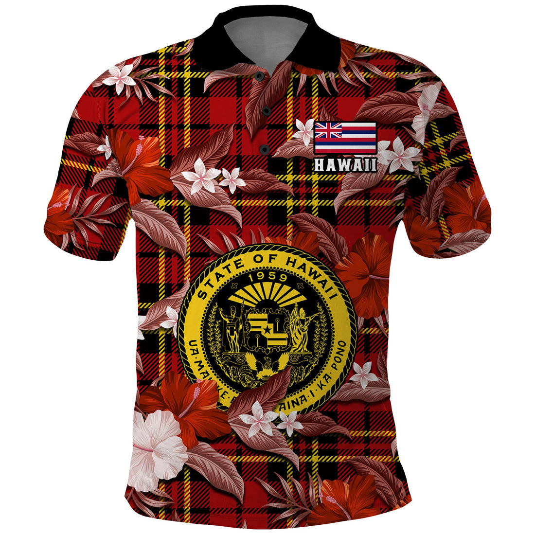 Hawaii State Polo Shirt Tropical Flowers Mix Tartan Red Version LT14