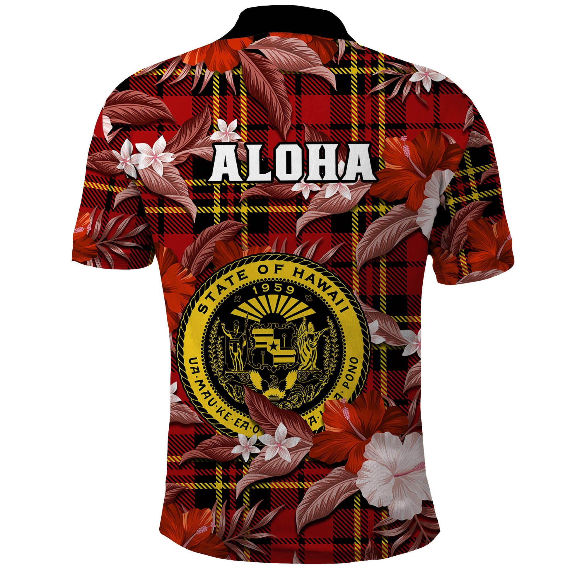 Hawaii State Polo Shirt Tropical Flowers Mix Tartan Red Version LT14