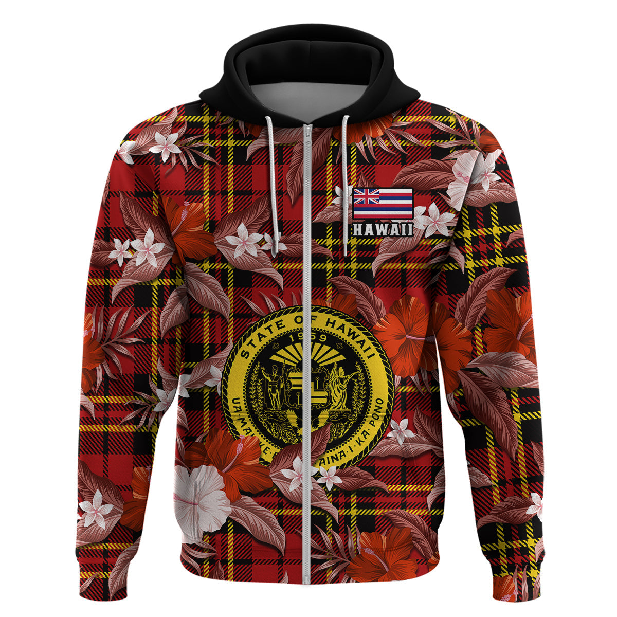 Custom Hawaii State Hoodie Tropical Flowers Mix Tartan Red Version LT14