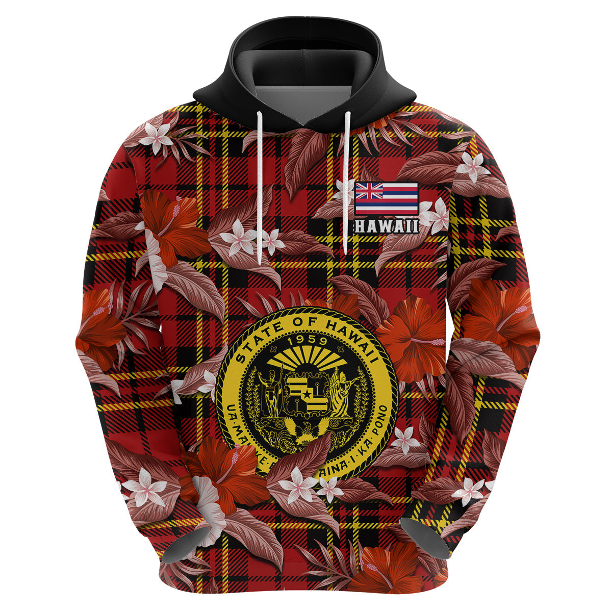 Custom Hawaii State Hoodie Tropical Flowers Mix Tartan Red Version LT14