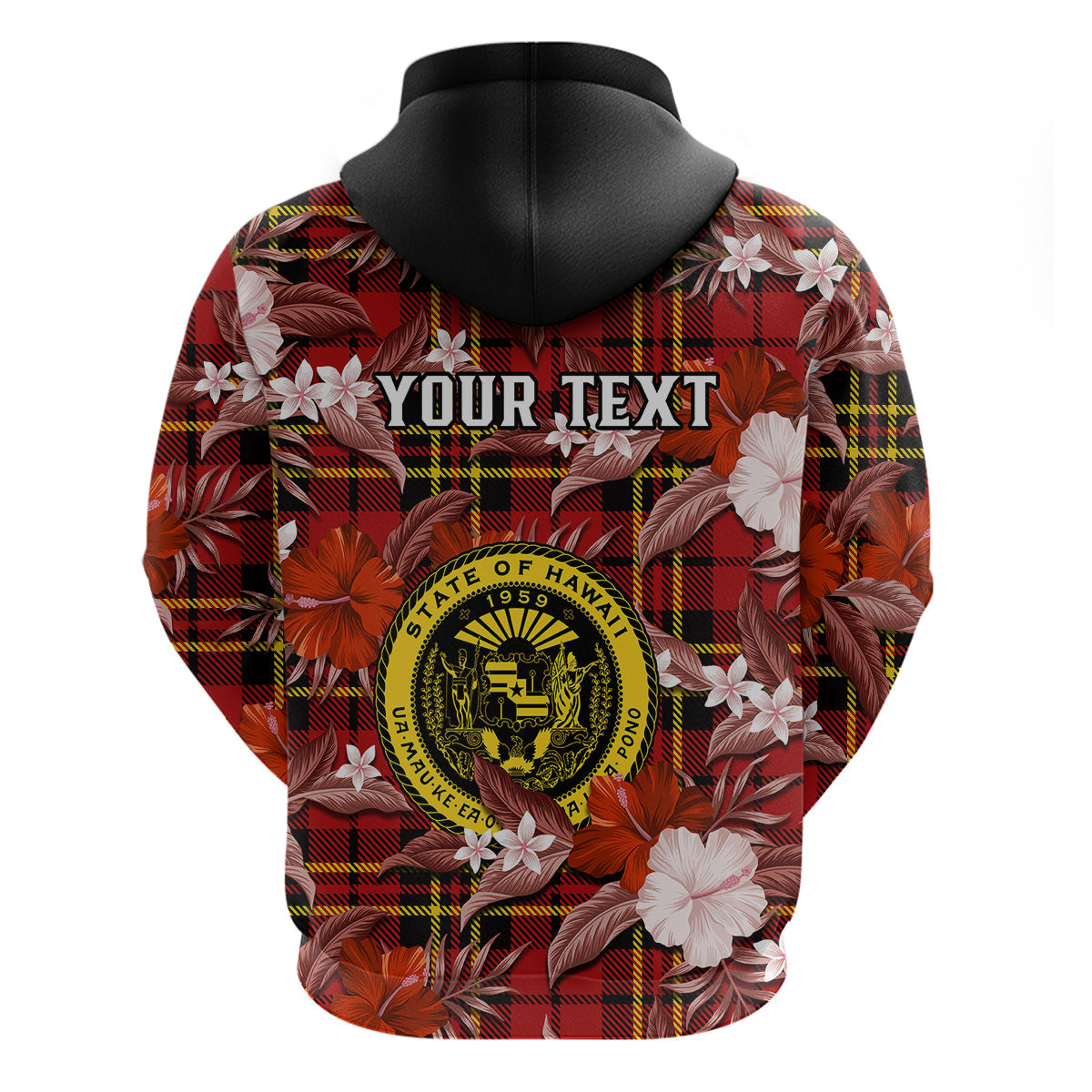 Custom Hawaii State Hoodie Tropical Flowers Mix Tartan Red Version LT14