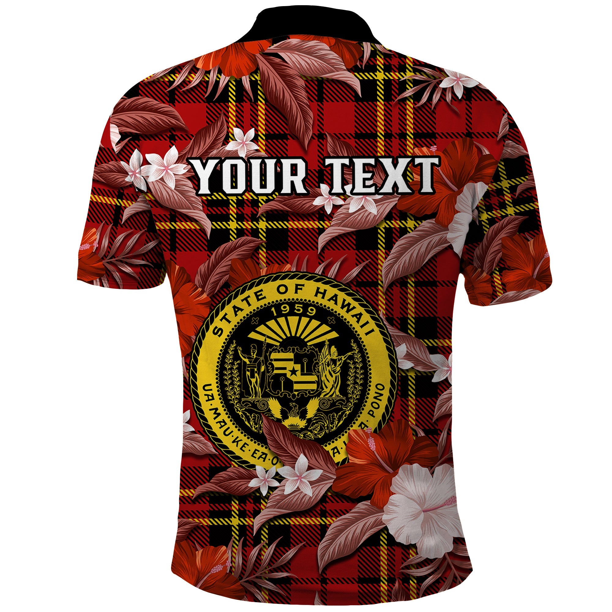 Custom Hawaii State Polo Shirt Tropical Flowers Mix Tartan Red Version LT14