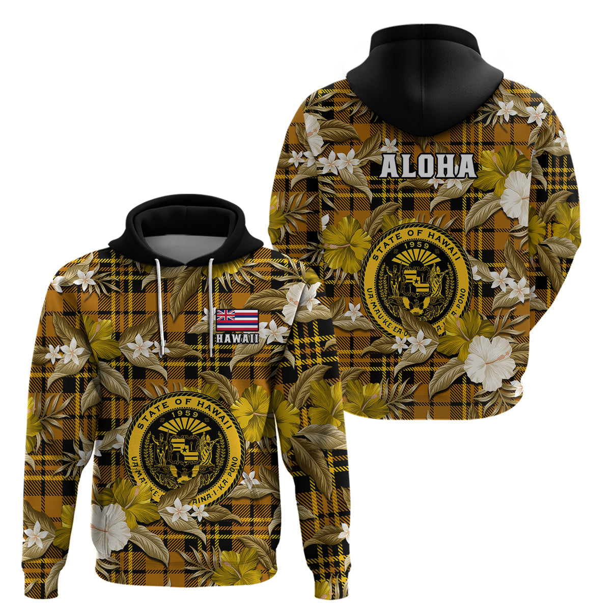 Hawaii State Hoodie Tropical Flowers Mix Tartan Gold Version LT14