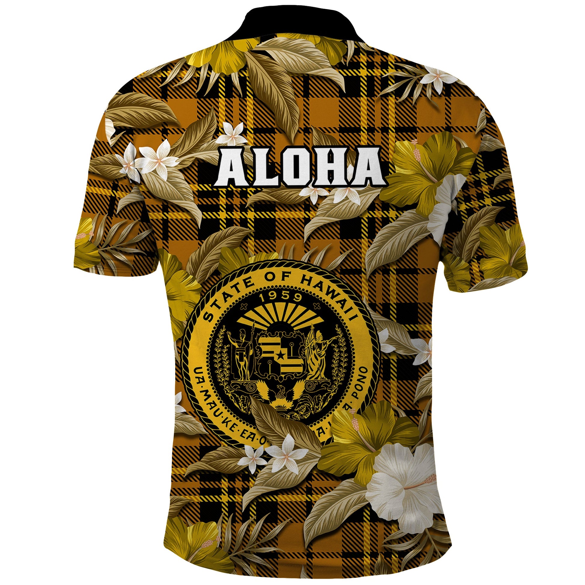 Hawaii State Polo Shirt Tropical Flowers Mix Tartan Gold Version LT14