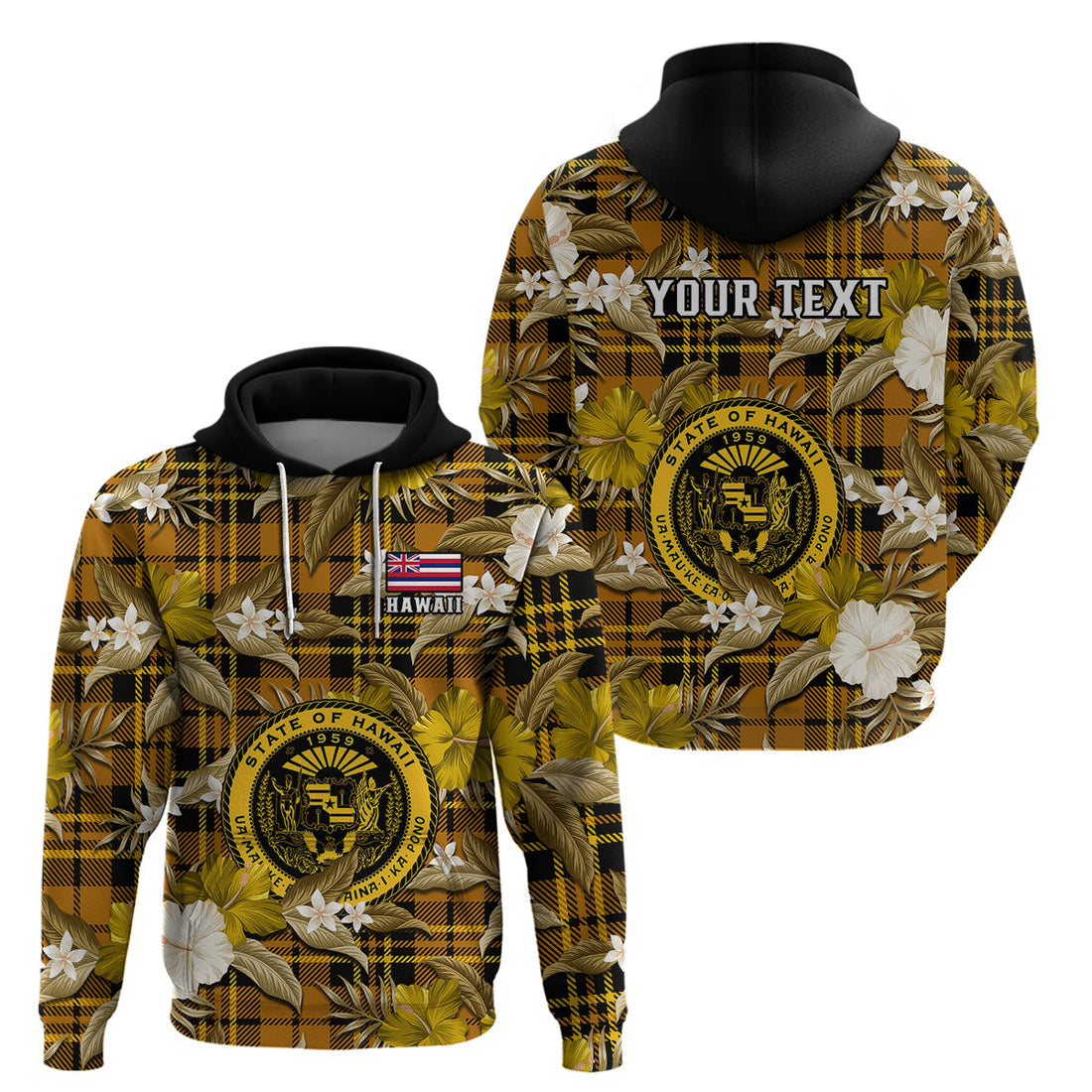 Custom Hawaii State Hoodie Tropical Flowers Mix Tartan Gold Version LT14