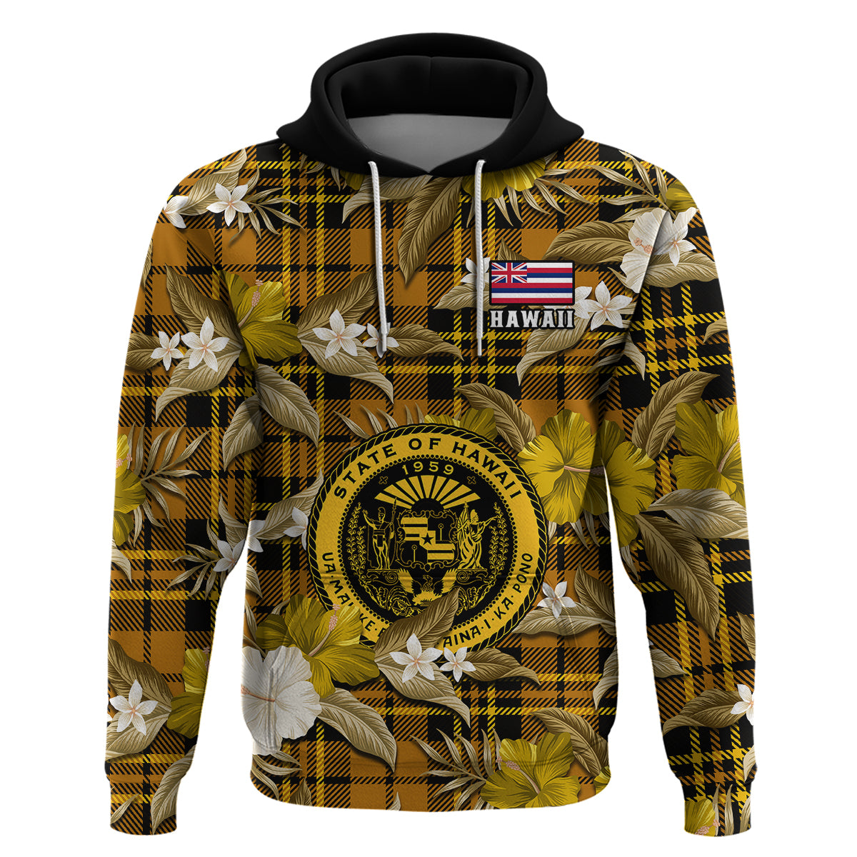 Custom Hawaii State Hoodie Tropical Flowers Mix Tartan Gold Version LT14