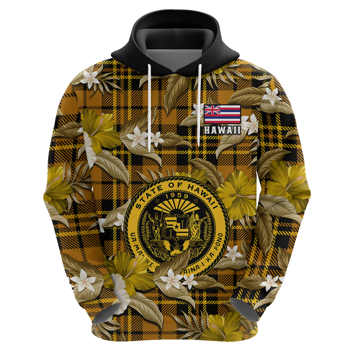 Custom Hawaii State Hoodie Tropical Flowers Mix Tartan Gold Version LT14