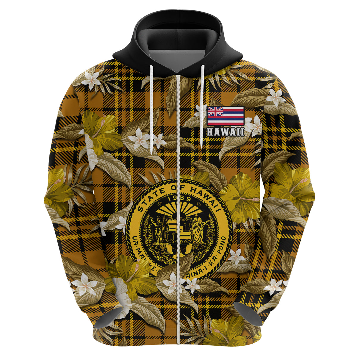 Custom Hawaii State Hoodie Tropical Flowers Mix Tartan Gold Version LT14