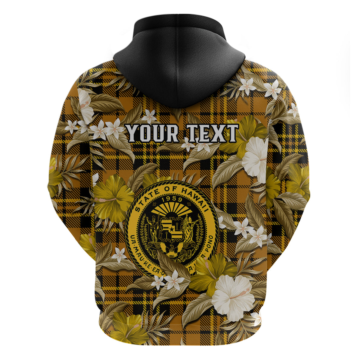 Custom Hawaii State Hoodie Tropical Flowers Mix Tartan Gold Version LT14