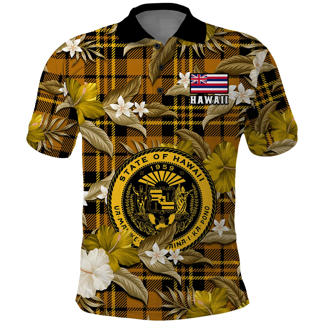 Custom Hawaii State Polo Shirt Tropical Flowers Mix Tartan Gold Version LT14