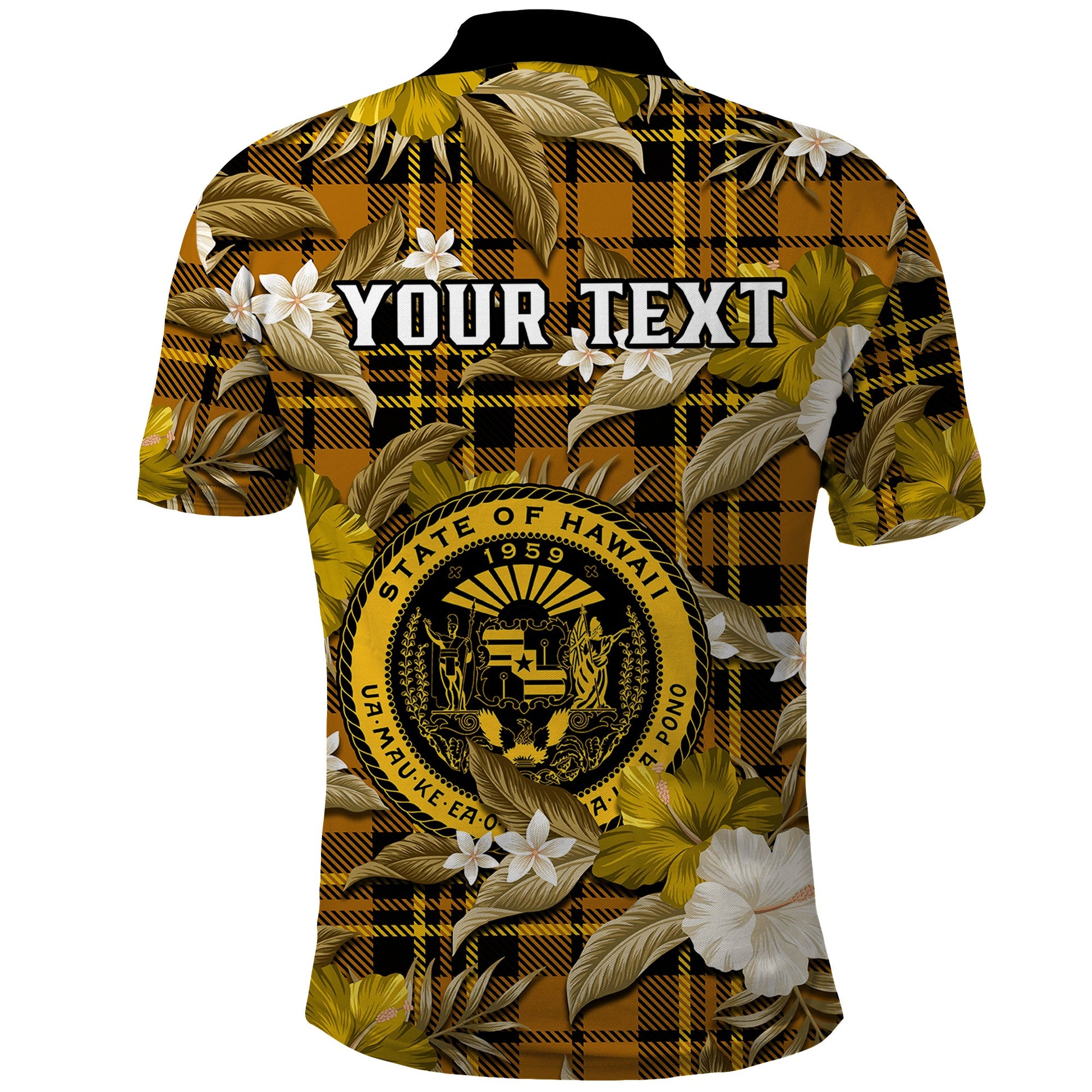 Custom Hawaii State Polo Shirt Tropical Flowers Mix Tartan Gold Version LT14
