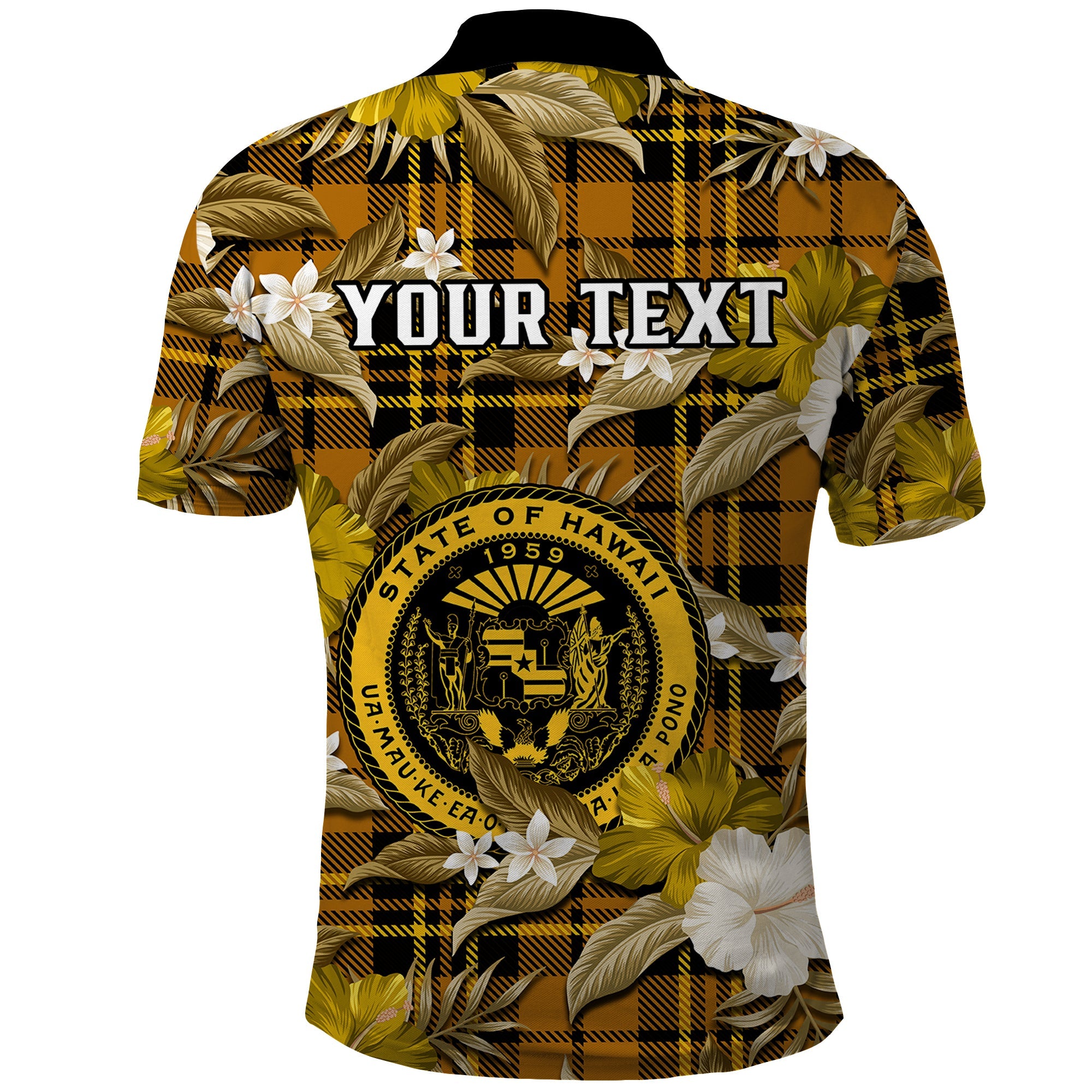 Custom Hawaii State Polo Shirt Tropical Flowers Mix Tartan Gold Version LT14