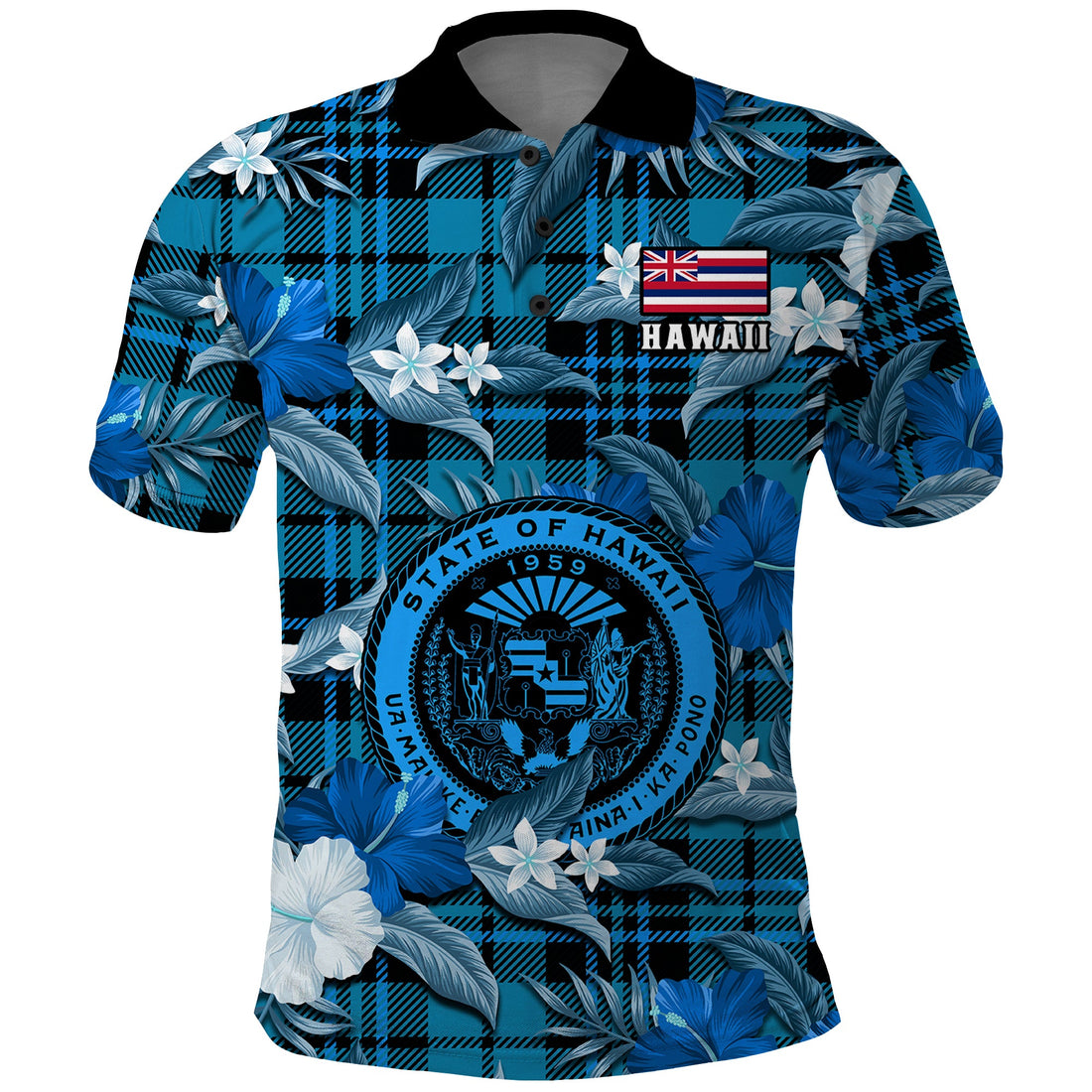 Hawaii State Polo Shirt Tropical Flowers Mix Tartan Blue Version LT14