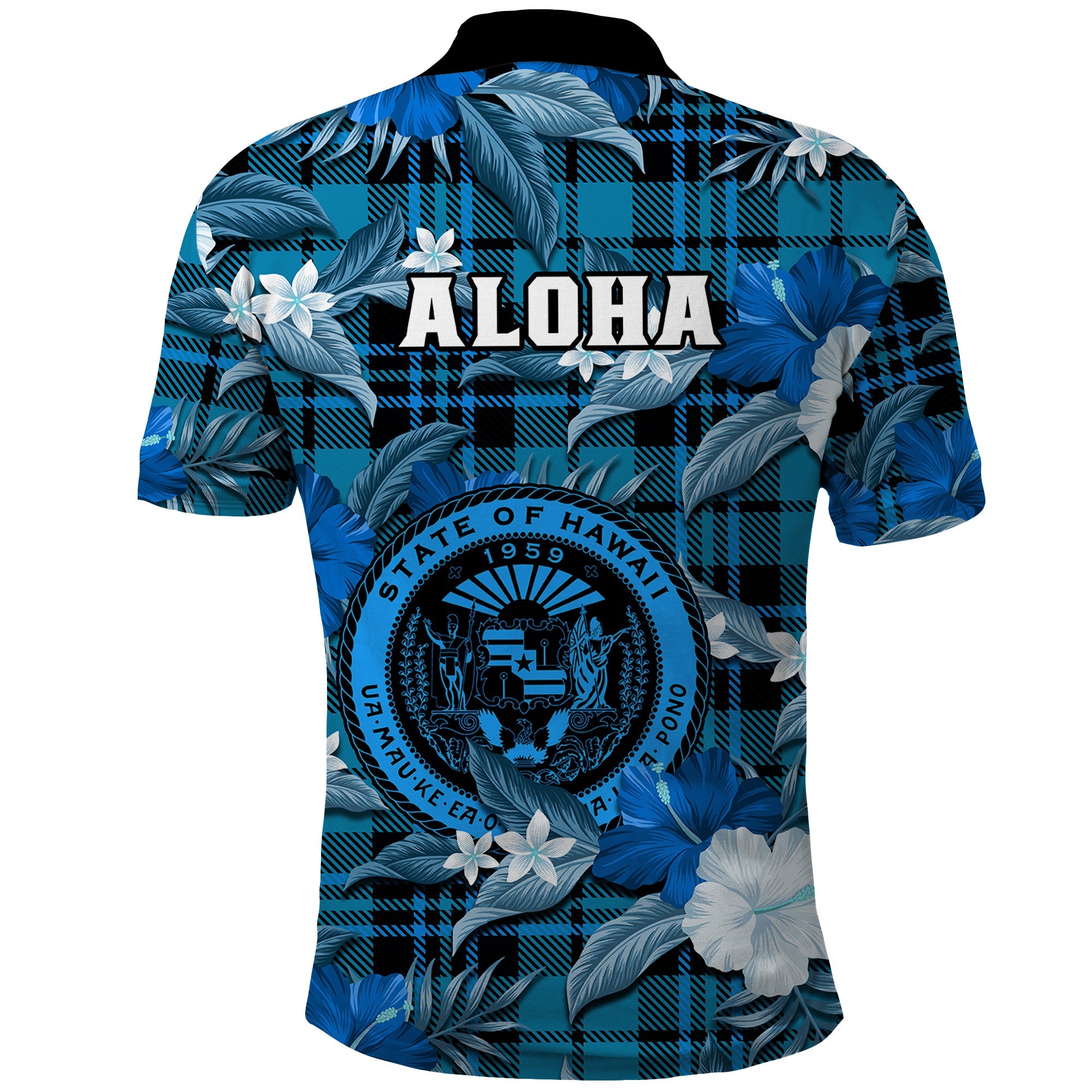 Hawaii State Polo Shirt Tropical Flowers Mix Tartan Blue Version LT14