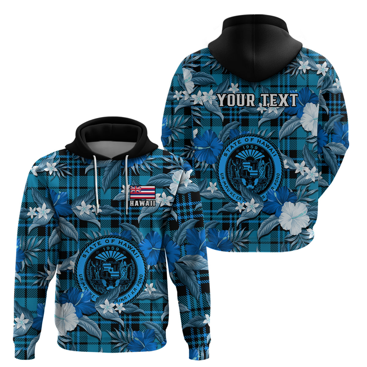 Custom Hawaii State Hoodie Tropical Flowers Mix Tartan Blue Version LT14