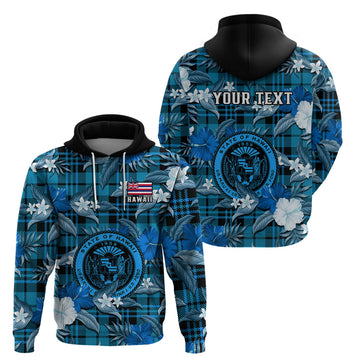 Custom Hawaii State Hoodie Tropical Flowers Mix Tartan Blue Version LT14