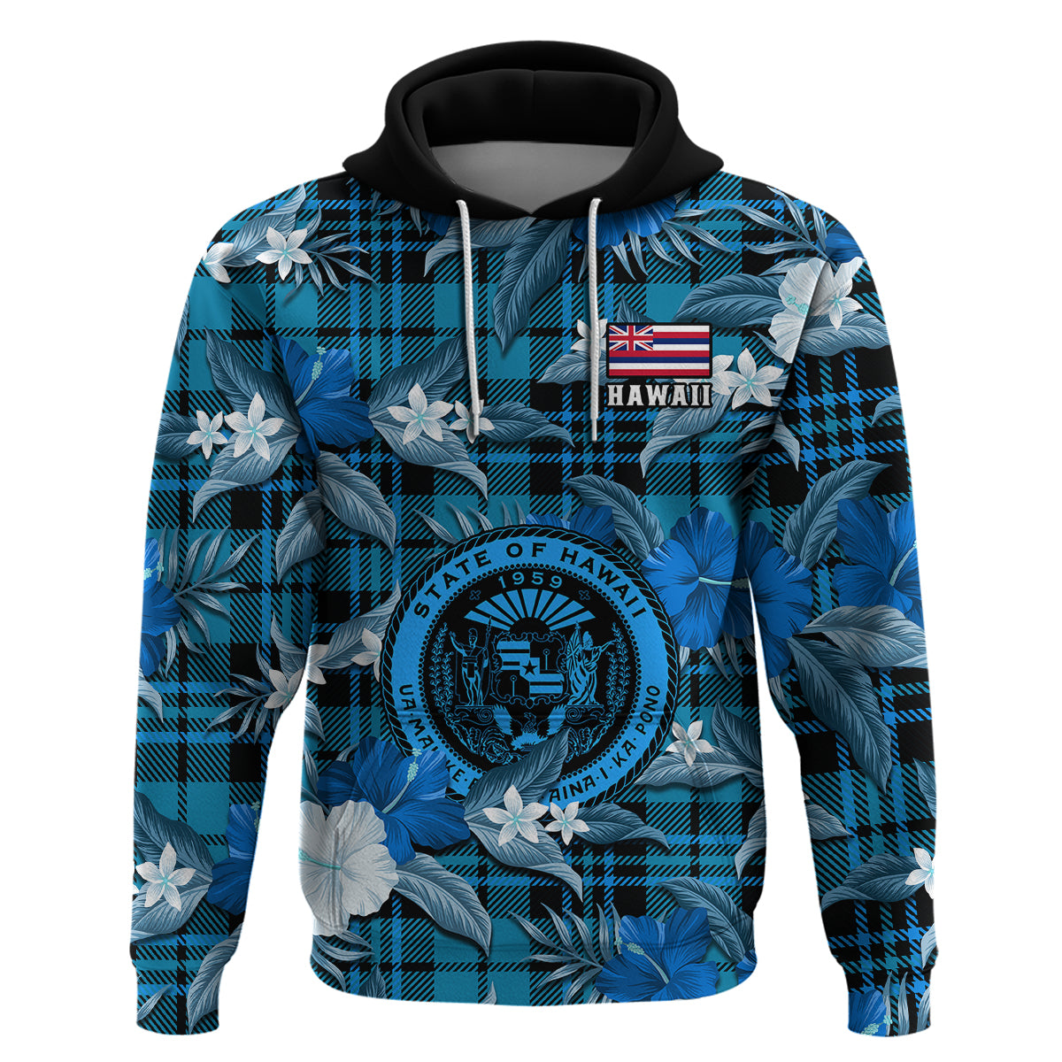 Custom Hawaii State Hoodie Tropical Flowers Mix Tartan Blue Version LT14