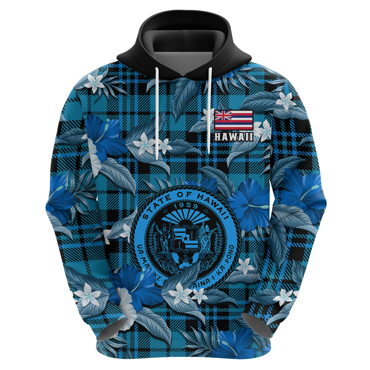 Custom Hawaii State Hoodie Tropical Flowers Mix Tartan Blue Version LT14