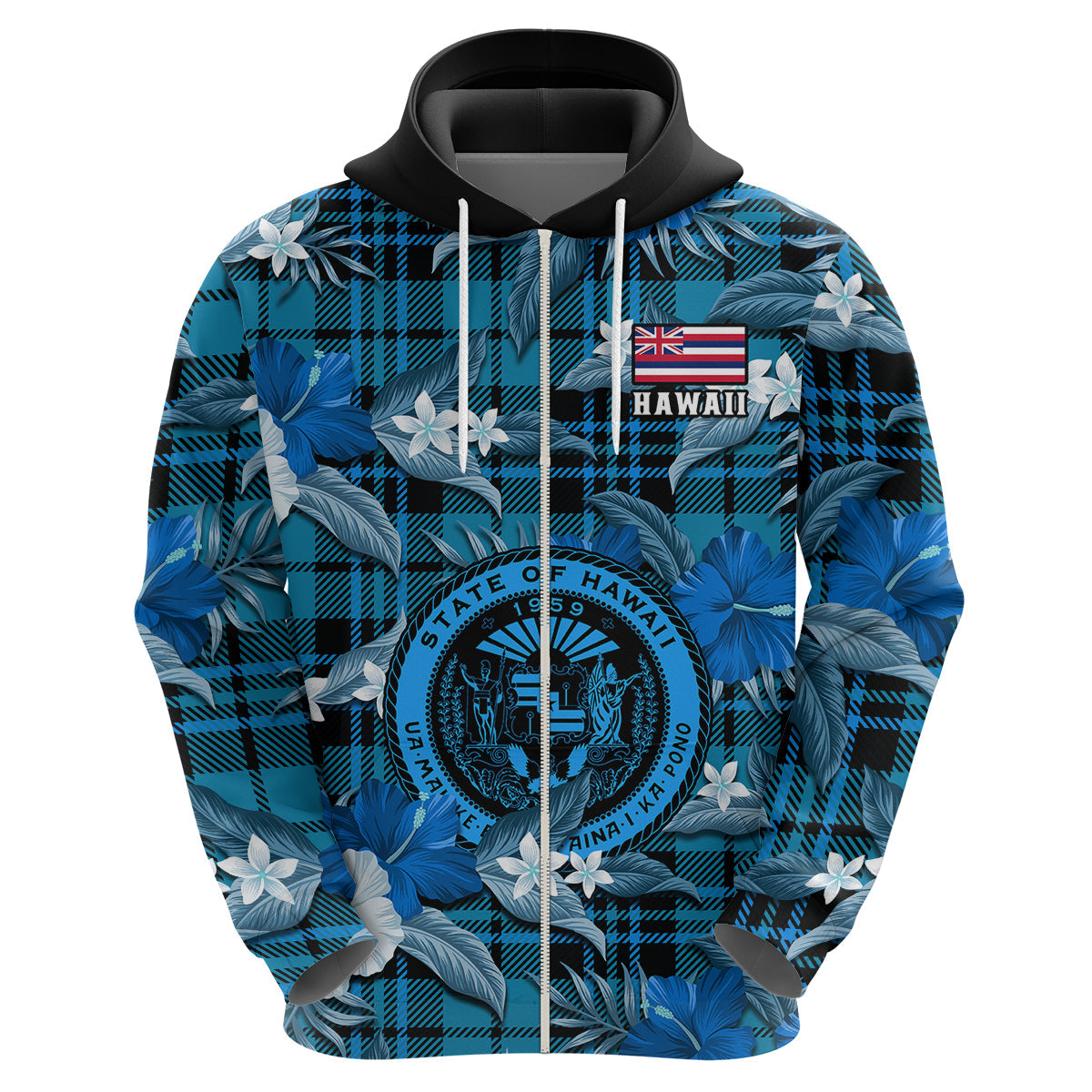 Custom Hawaii State Hoodie Tropical Flowers Mix Tartan Blue Version LT14
