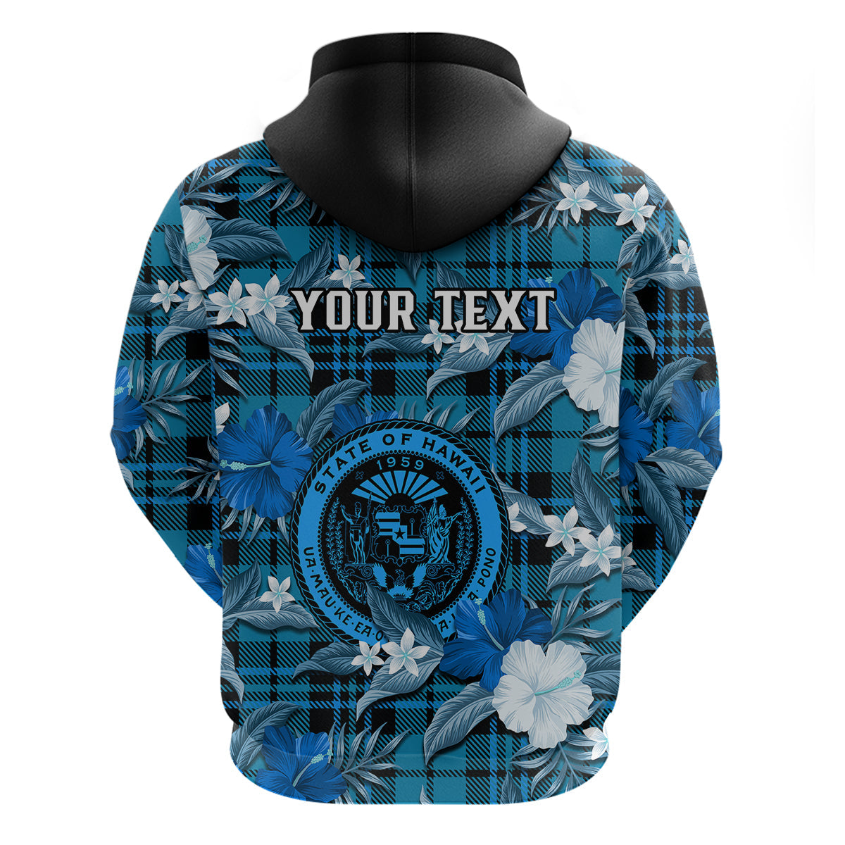 Custom Hawaii State Hoodie Tropical Flowers Mix Tartan Blue Version LT14
