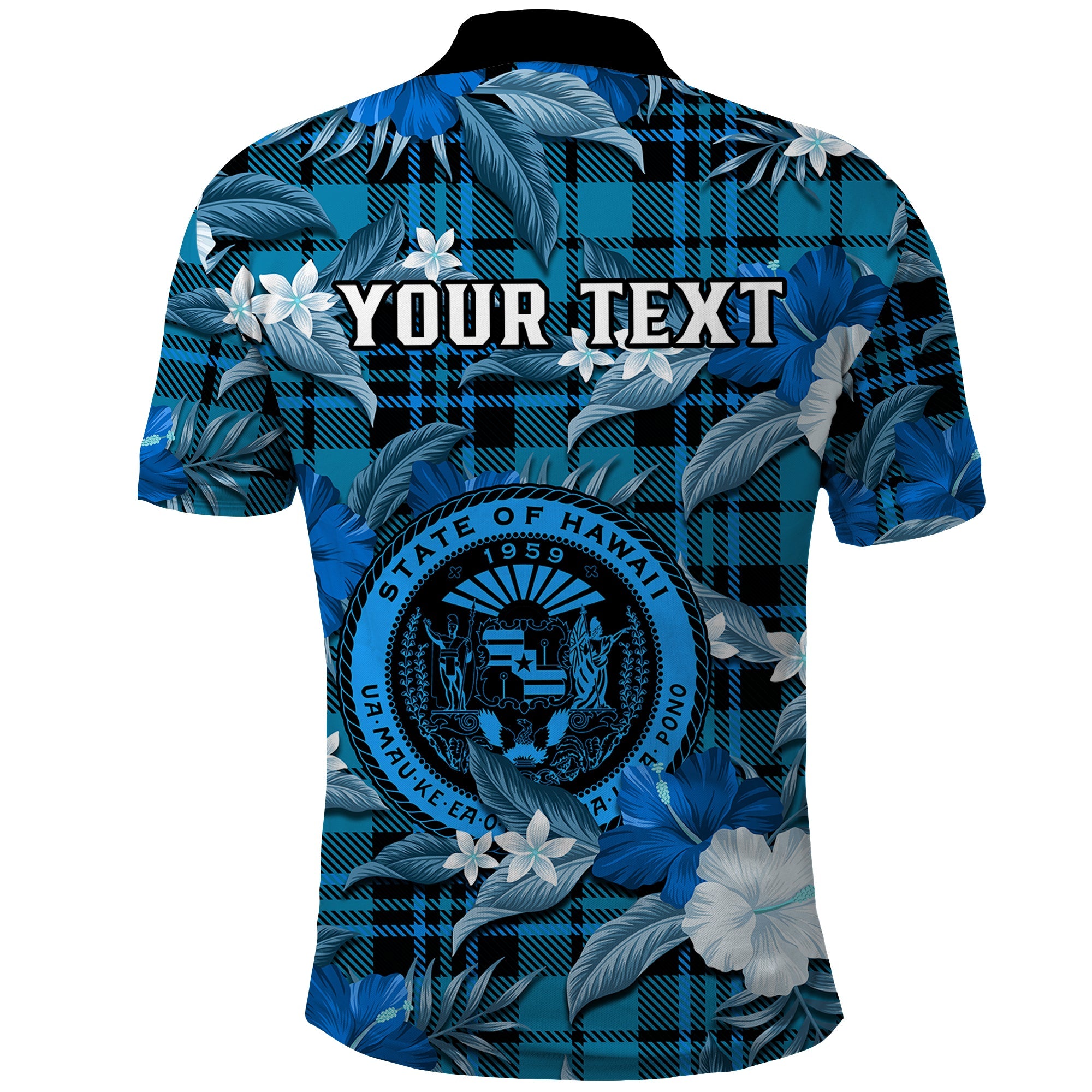 Custom Hawaii State Polo Shirt Tropical Flowers Mix Tartan Blue Version LT14