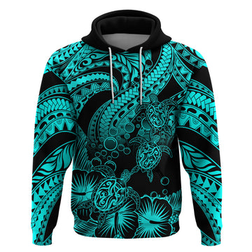 Custom Polynesian Hoodie Tribal Honu Turtle with Hibiscus Turquoise Version LT14