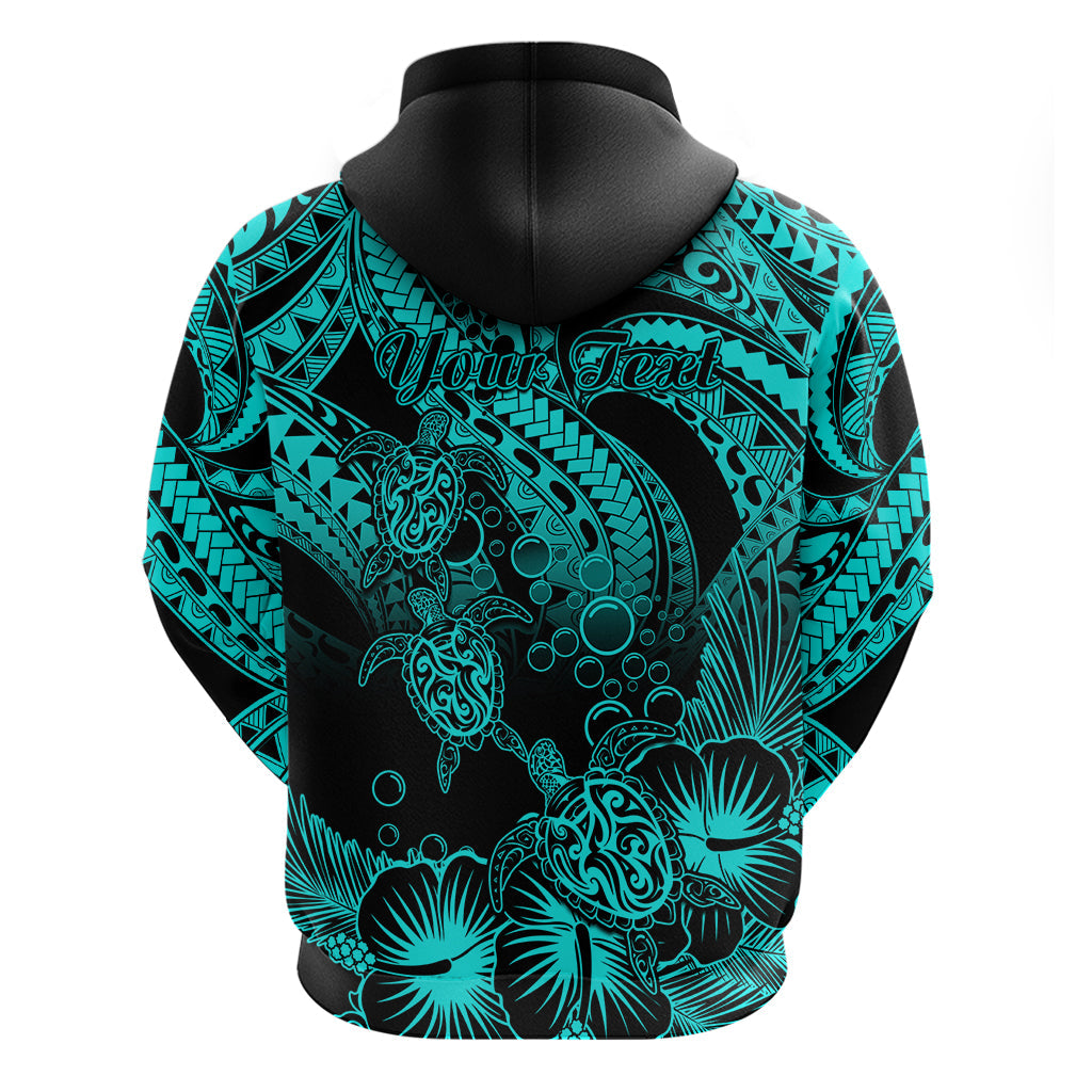 Custom Polynesian Hoodie Tribal Honu Turtle with Hibiscus Turquoise Version LT14