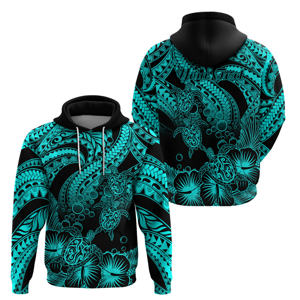 Custom Polynesian Hoodie Tribal Honu Turtle with Hibiscus Turquoise Version LT14