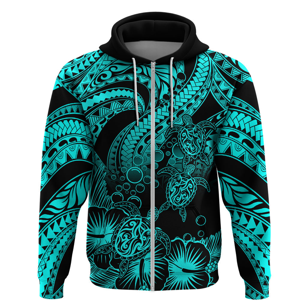 Custom Polynesian Hoodie Tribal Honu Turtle with Hibiscus Turquoise Version LT14